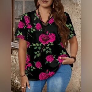 SHEIN 1X V-neck Short Sleeve tee NWT Rose print